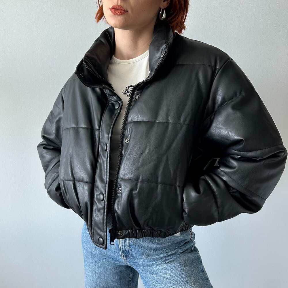 Zara Black Faux Leather Cropped Puffer Jacket